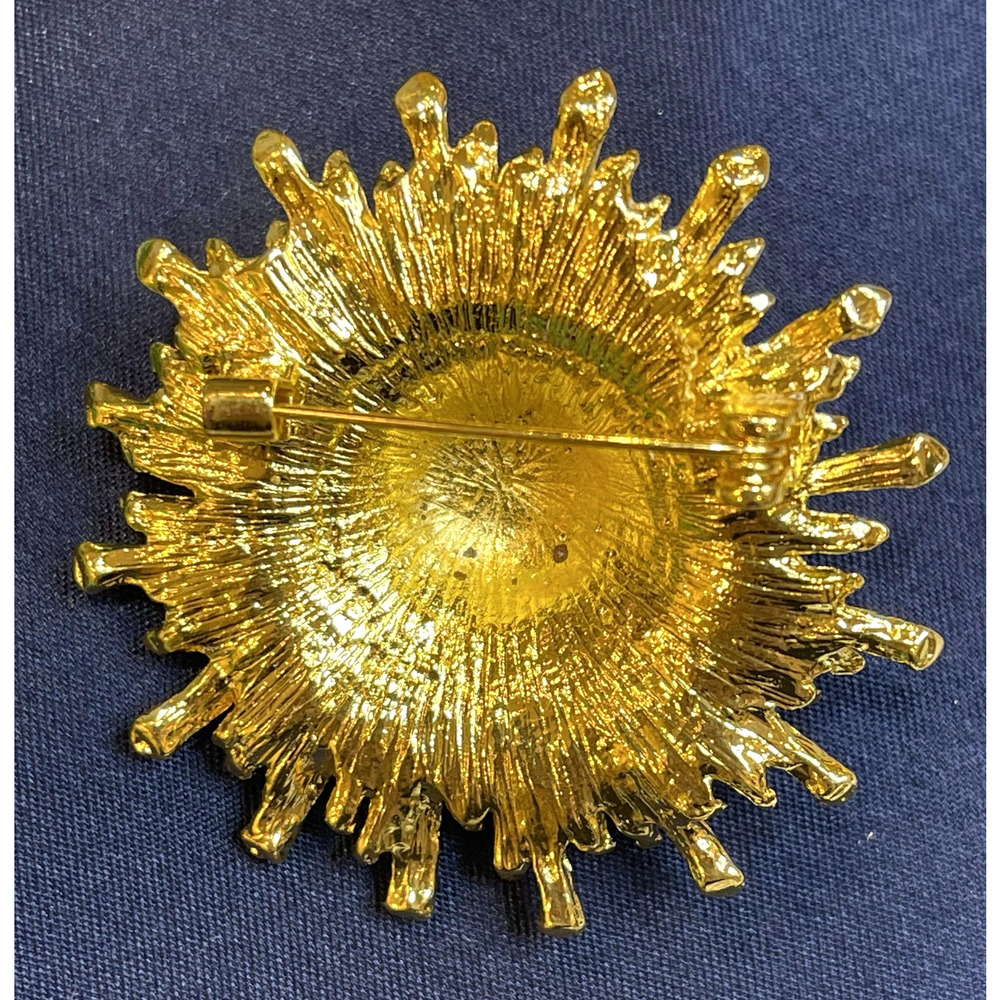 Sunburst Flower Brooch Pin Blue Glass Rhinestone Clear Stones Gold Toned - Picture 2 of 3